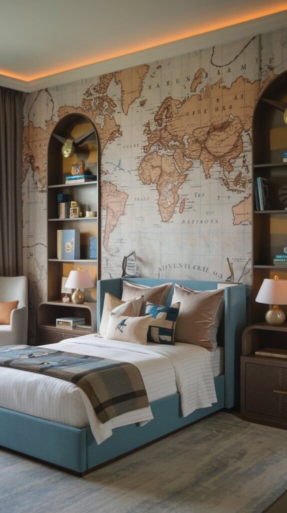 Cozy bedroom with world map wallpaper, blue bed, and elegant lighting for a travel-inspired design.