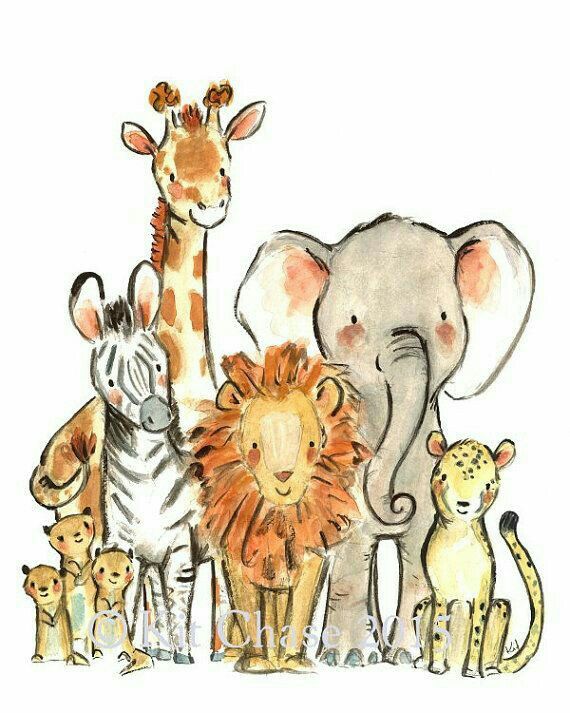 Illustration of a giraffe, elephant, lion, zebra, cheetah, and lion cubs, with watercolor style on a white background.