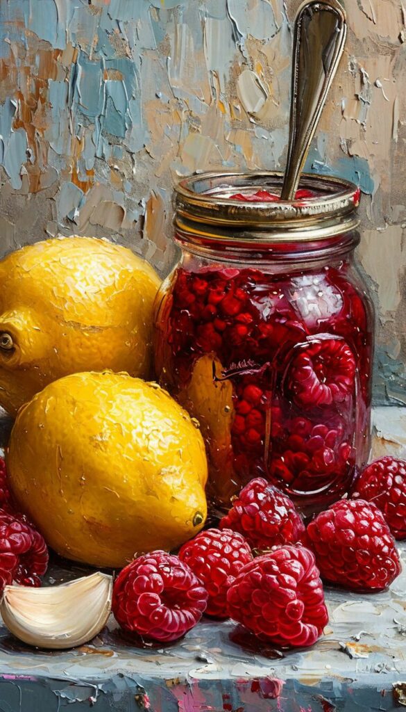 A vibrant still life painting of lemons, raspberries, and a mason jar on a textured background.