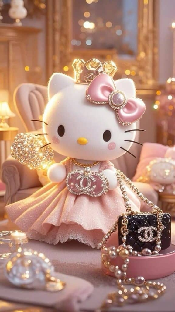 Cute cartoon cat dressed glamorously in pink with crown and jewels, surrounded by luxury accessories in a stylish room.