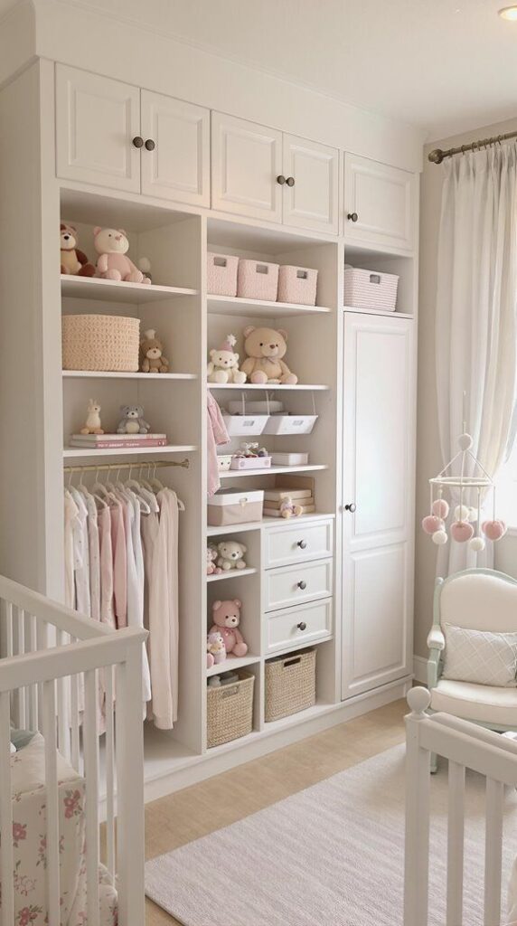 Organized baby nursery closet with teddy bears, clothes, and storage baskets in a calming, neutral tone setting.