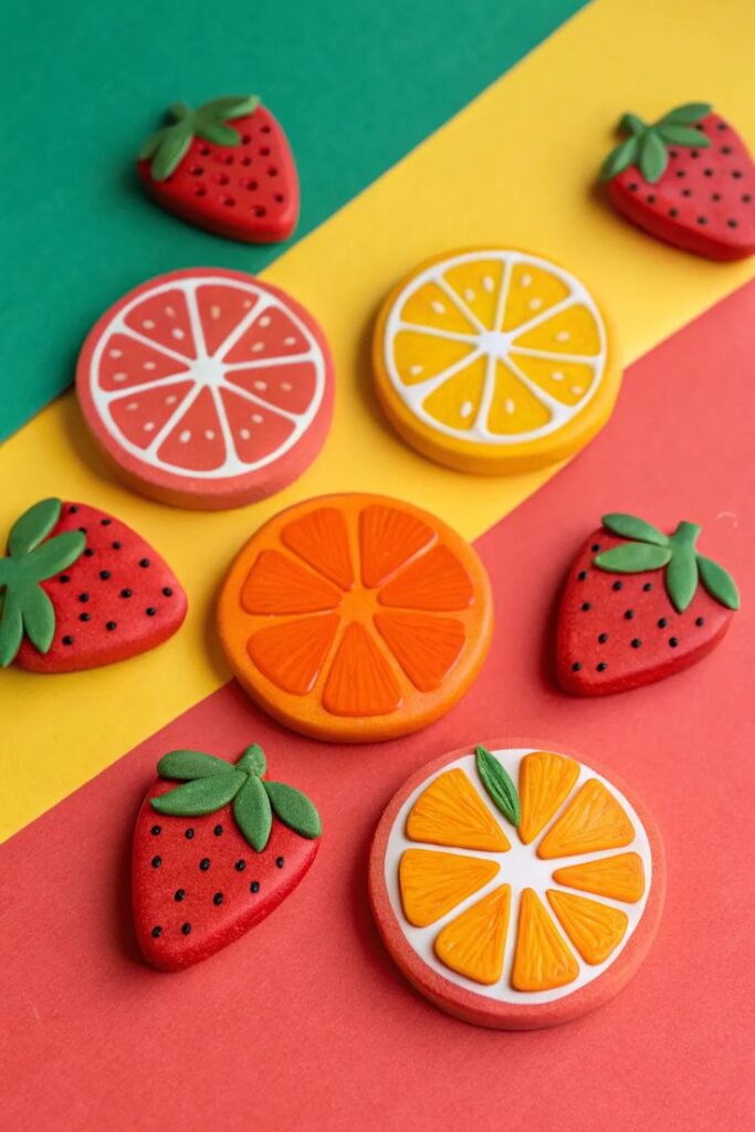 Colorful fruit-shaped cookies on a red, yellow, green background, featuring strawberries and citrus slices.