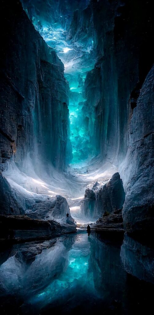 Majestic icy cave with glowing blue light and reflective water, showcasing stunning natural beauty and wonder.