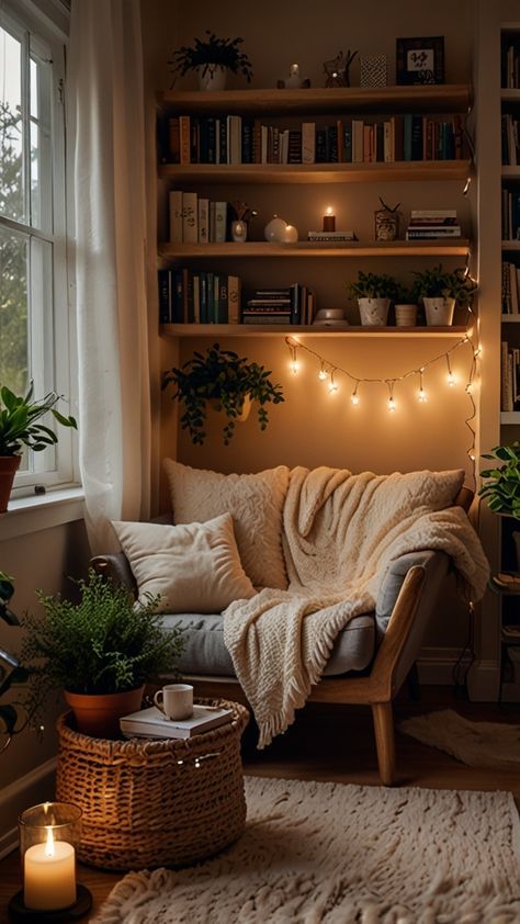 Cozy reading nook with comfy chair, soft throw, books, plants, and string lights for a relaxing ambiance by the window.