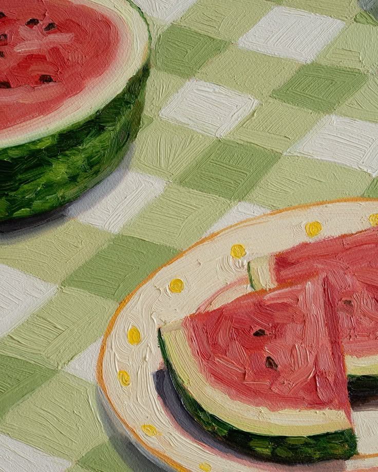 Painting of watermelon slices on a plate with a green checkered tablecloth background.