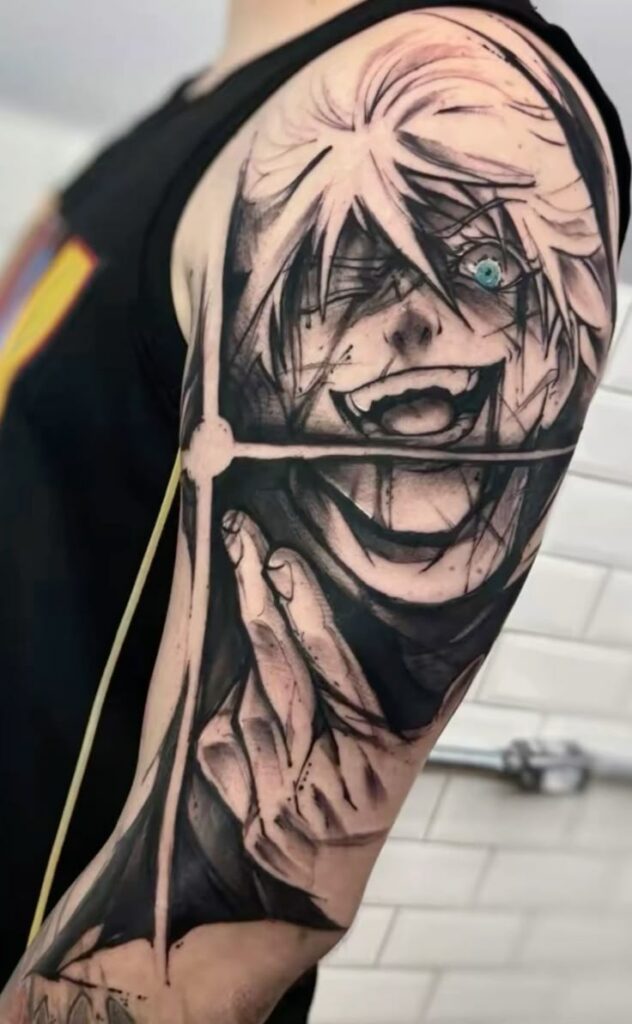 Anime-style tattoo sleeve featuring a dynamic character design with sharp details and expressive features.