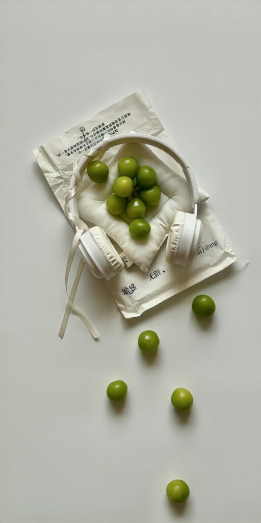 White headphones on paper with scattered green fruits, minimalistic aesthetic.