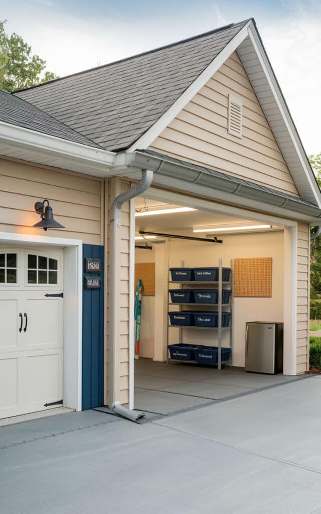 Organized garage with open door, shelving, and storage bins highlighting efficient use of space and functionality.
