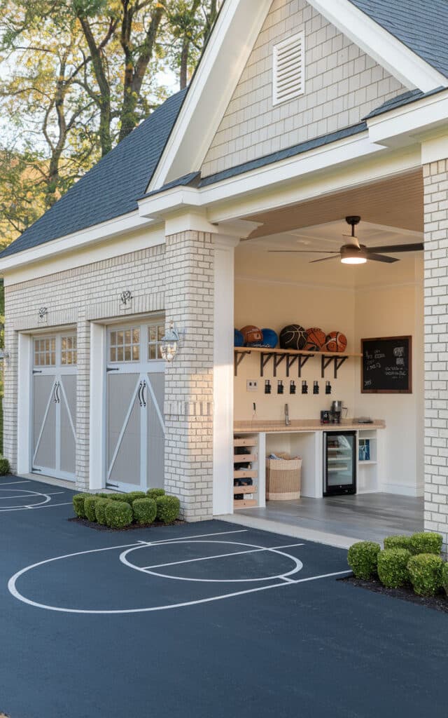 Stylish garage with open concept, sports equipment, and mini-fridge, next to a marked blacktop basketball area.