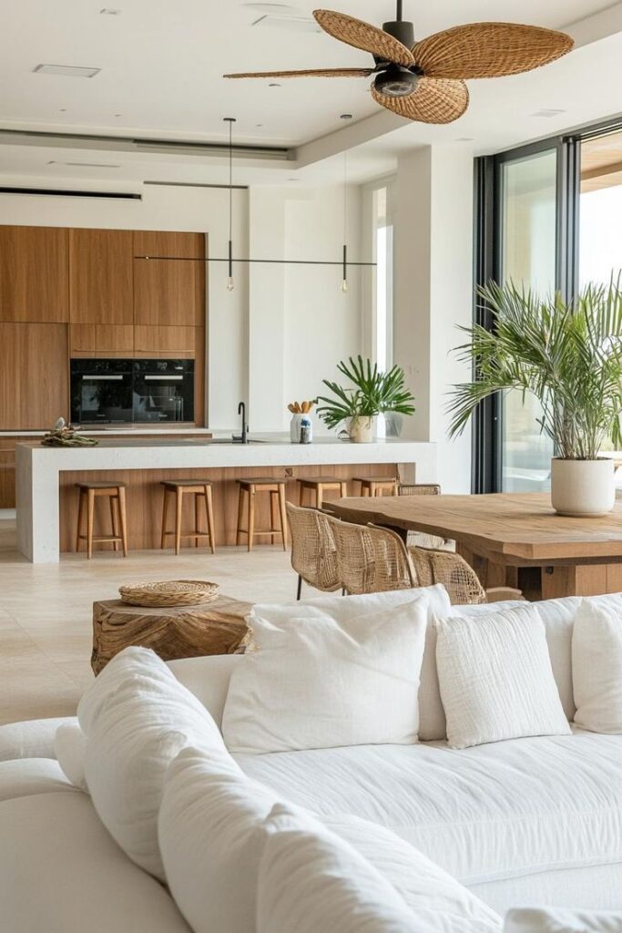 24 Coastal-Chic Beachhouse Interiors that Blend Modern Luxury with Seaside Serenity Spacious modern living room with white sofa, wooden kitchen, dining area, and ceiling fan, featuring indoor plants. | Sky Rye Design Spacious modern living room with white sofa, wooden kitchen, dining area, and ceiling fan, featuring indoor plants.