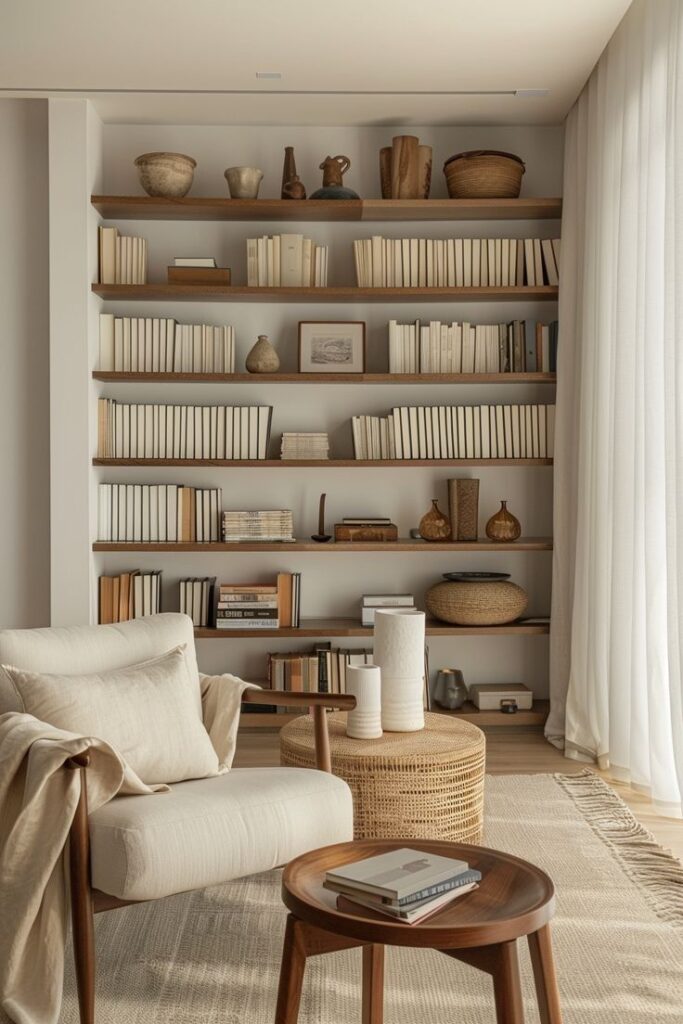 Cozy reading nook with beige armchair, wooden shelves, and neutral decor for a minimalist home library look.