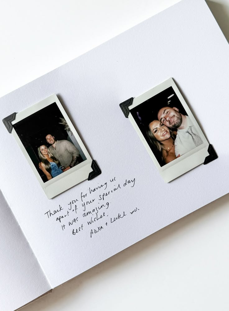 Polaroid photos in a guestbook with handwritten thank-you note for a special day.
