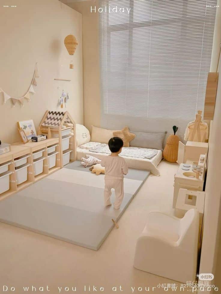 Child in serene, minimalist playroom with soft lighting and cozy furnishings.