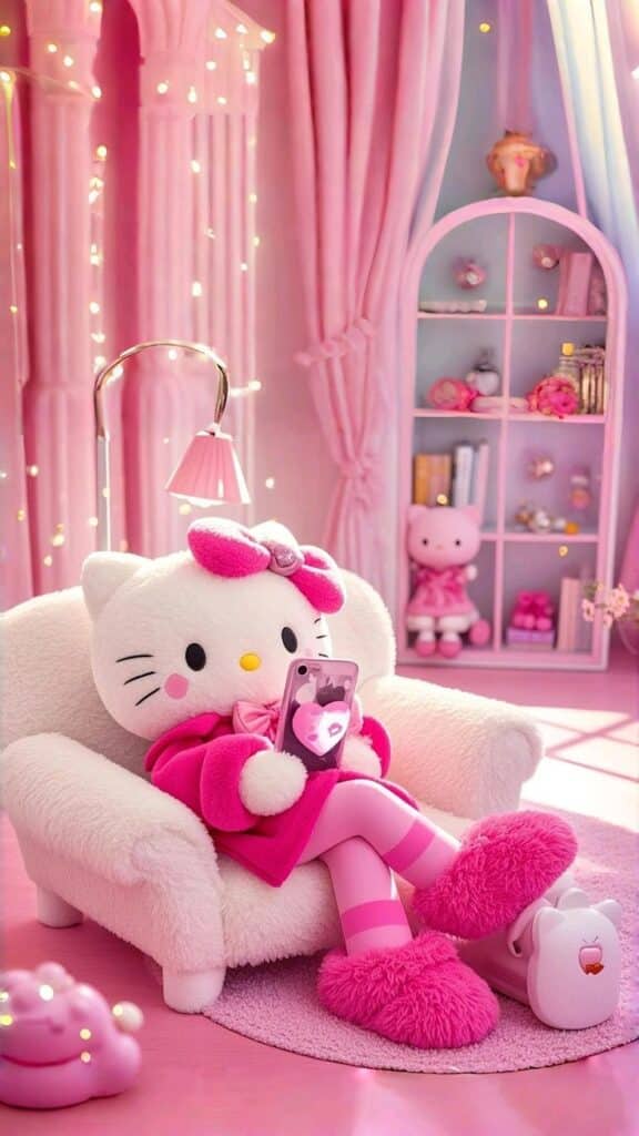 Cute cartoon cat in a pink outfit relaxing in a cozy room, holding a phone, surrounded by plush decor.
