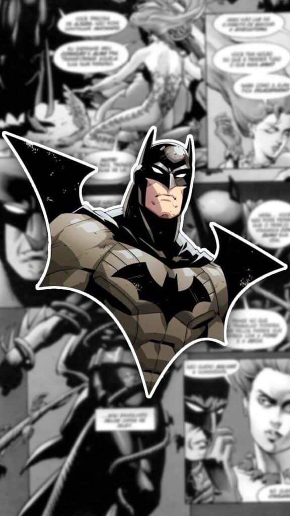 Comic-style Batman stands out against grayscale background panels.