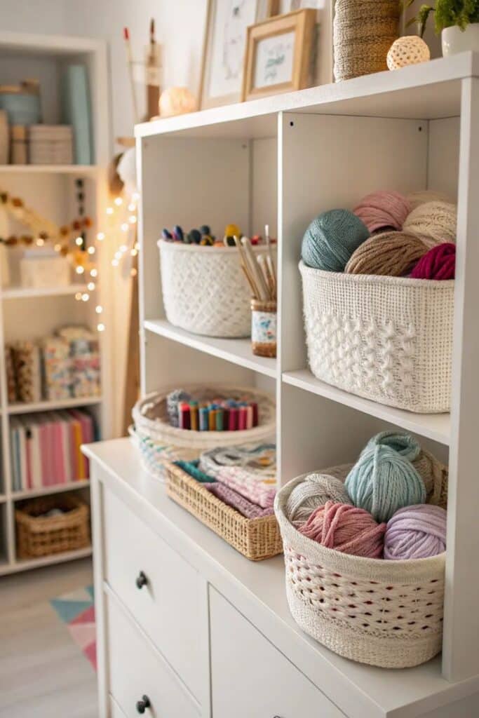 Cozy craft room shelf with organized yarn, knitting needles, and colorful supplies in wicker baskets.