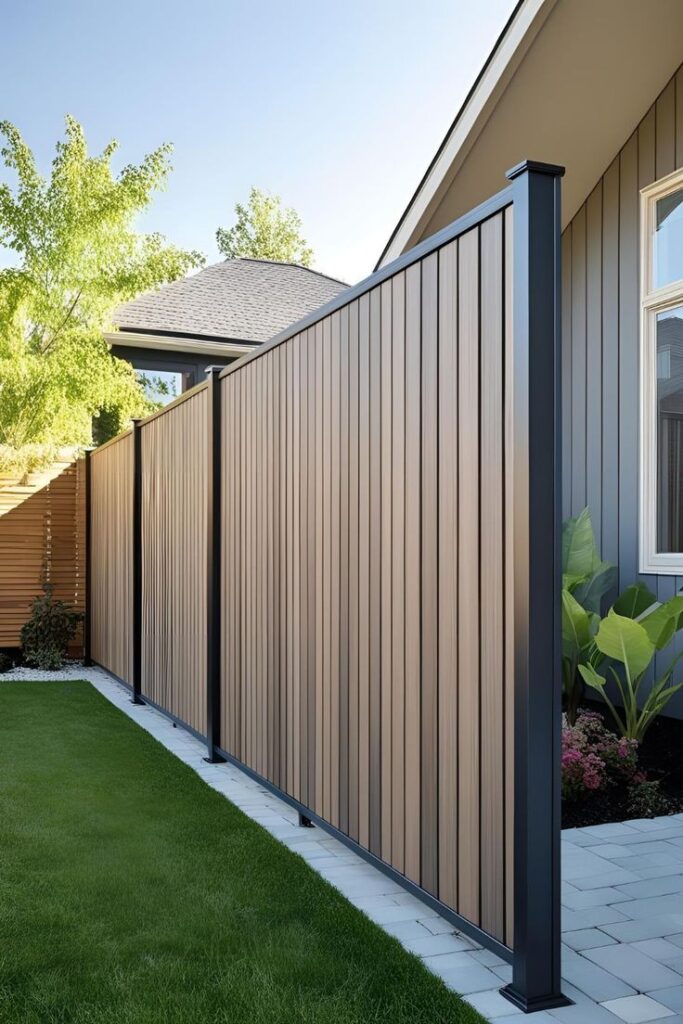 Modern composite privacy fence beside house with garden and paved pathway.