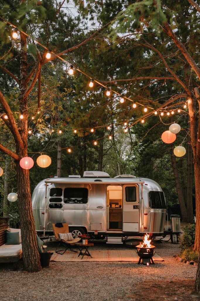 Cozy camper setup with string lights and campfire in a forest, perfect for a rustic getaway adventure.