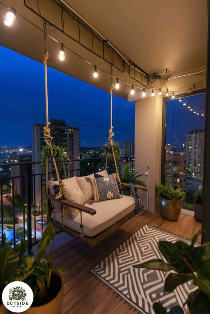Cozy balcony with hanging bench, string lights, plants, and city view at night. Ideal for relaxation and enjoying sunsets.