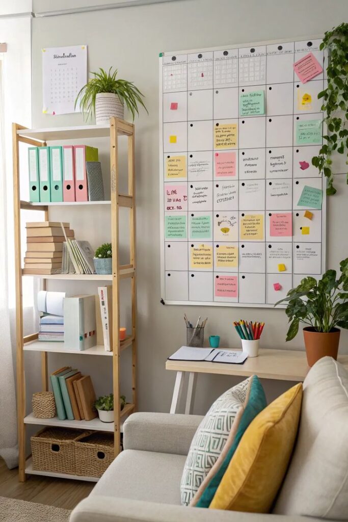 Cozy home office with a wall calendar, bookshelves, and plants for an organized and productive workspace.