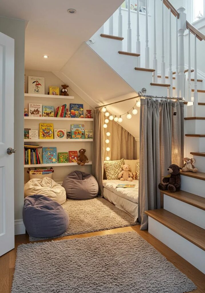 Under-stair cozy reading nook with bookshelves, bean bags, and string lights. Perfect children's hideaway space.