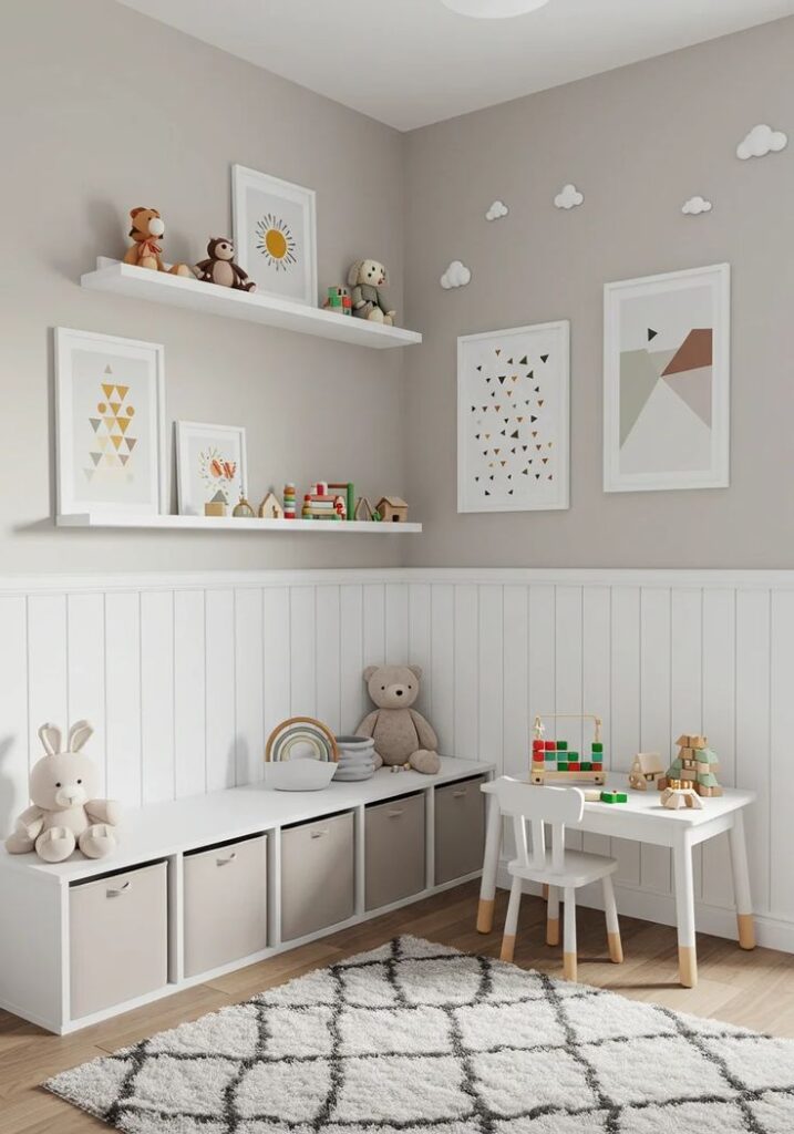 Modern kids' room with toys, shelves, and playful decor in soft tones, featuring a cozy rug and storage solutions.