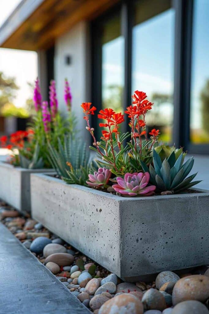 Concrete planter with vibrant succulents and flowers, surrounded by smooth stones, near a modern building.