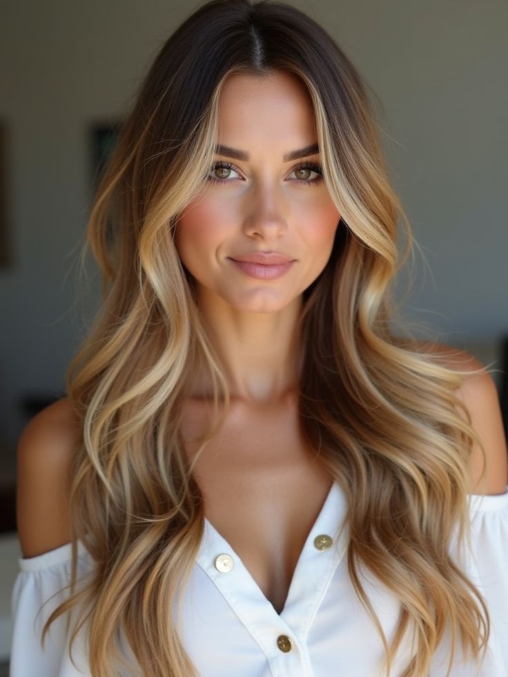 Woman with long wavy hair wearing an off-shoulder white top, smiling softly indoors.