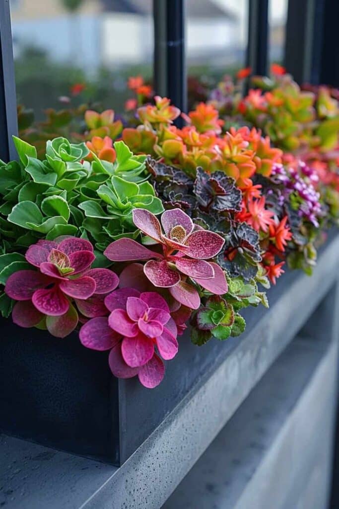 Colorful succulent arrangement in a windowsill planter box, showcasing vibrant greens, reds, and pinks.