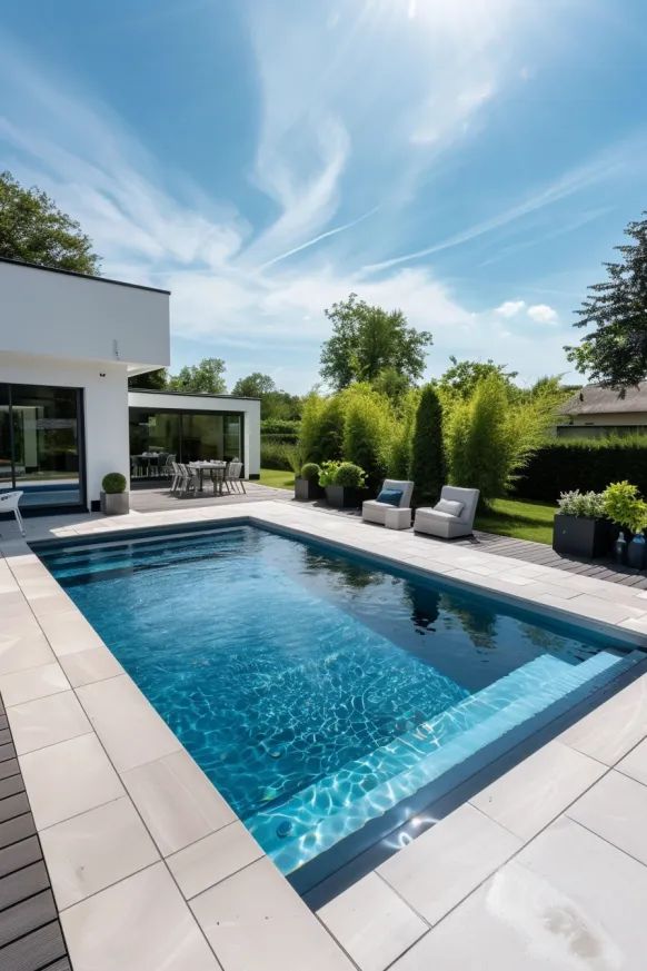 Modern backyard with a rectangular pool, patio furniture, and lush greenery under a clear blue sky.