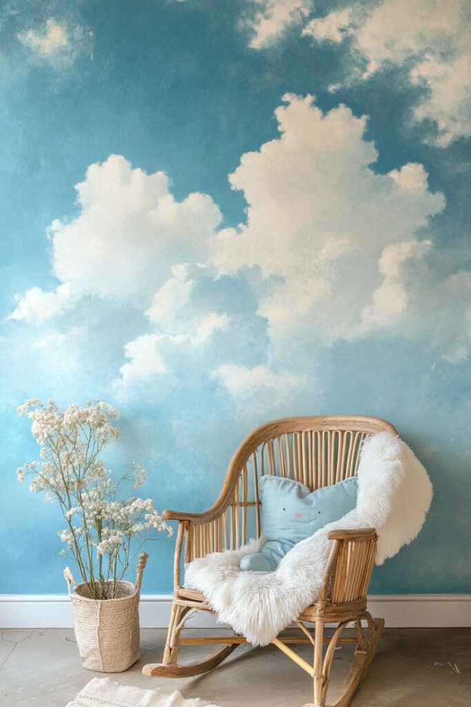 Cozy wicker chair with fluffy cushion by a cloud mural wall, next to a vase of flowers. Relaxing and serene atmosphere.