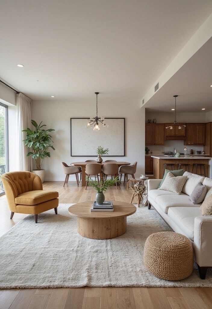 Modern living room with a cozy seating area, wooden furniture, and indoor plants, featuring a large window and open layout.