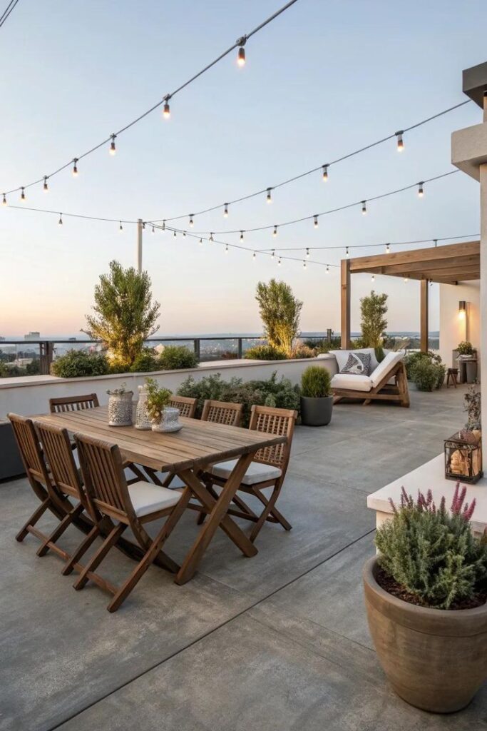 Modern rooftop patio with wooden dining set, cozy seating, plants, and string lights at sunset.