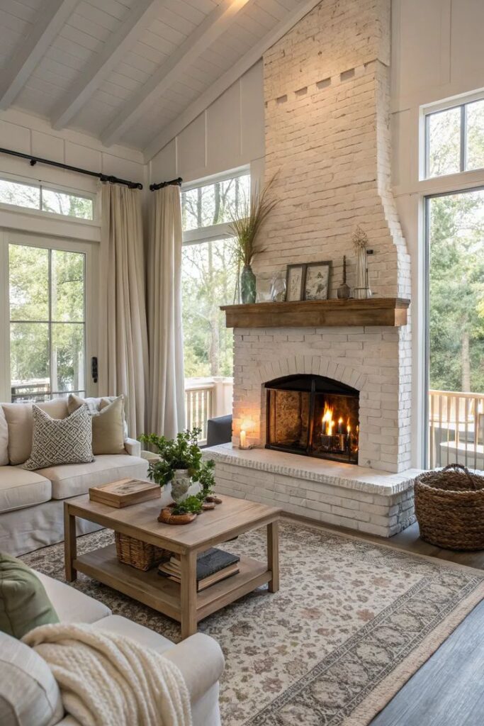 Cozy living room with a white brick fireplace, plush sofa, and rustic wooden coffee table in a bright, airy setting.