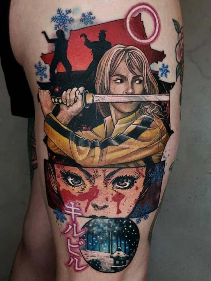 Vibrant tattoo featuring a woman with a sword, stylized eyes, and Japanese characters. Inspired by martial arts themes.