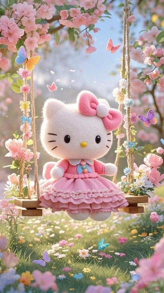 Cute plush cat toy in a pink dress on a flower-adorned swing surrounded by butterflies and cherry blossoms.