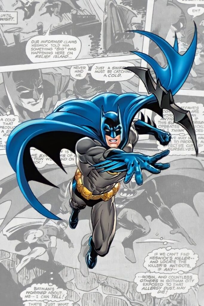 Comic-style superhero mid-action with batarang, dramatic blue cape, grayscale comic page in background.