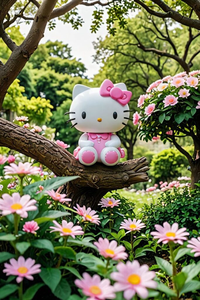 Cute cartoon cat sitting on a tree branch in a blooming pink flower garden with green trees in the background.