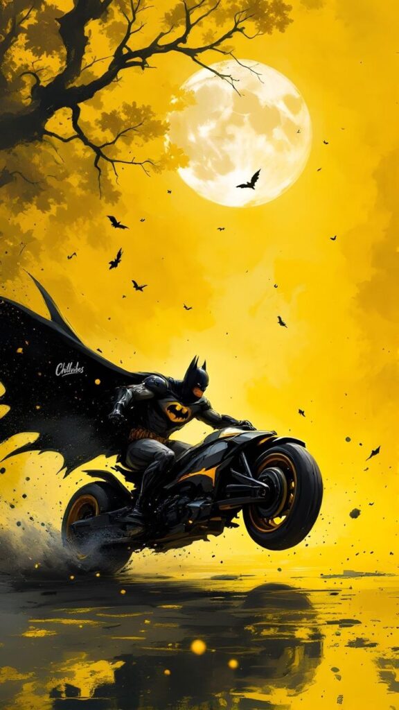 Dark superhero on a motorcycle under a full moon with bats flying, set against a vibrant yellow background.