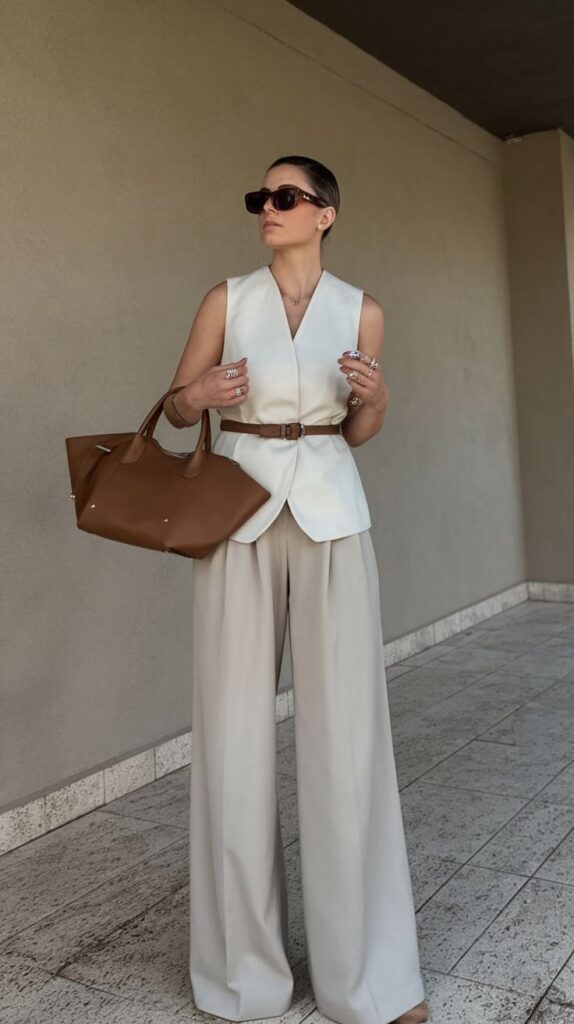 Stylish woman in white vest and trousers, holding a brown bag, wearing sunglasses and rings.