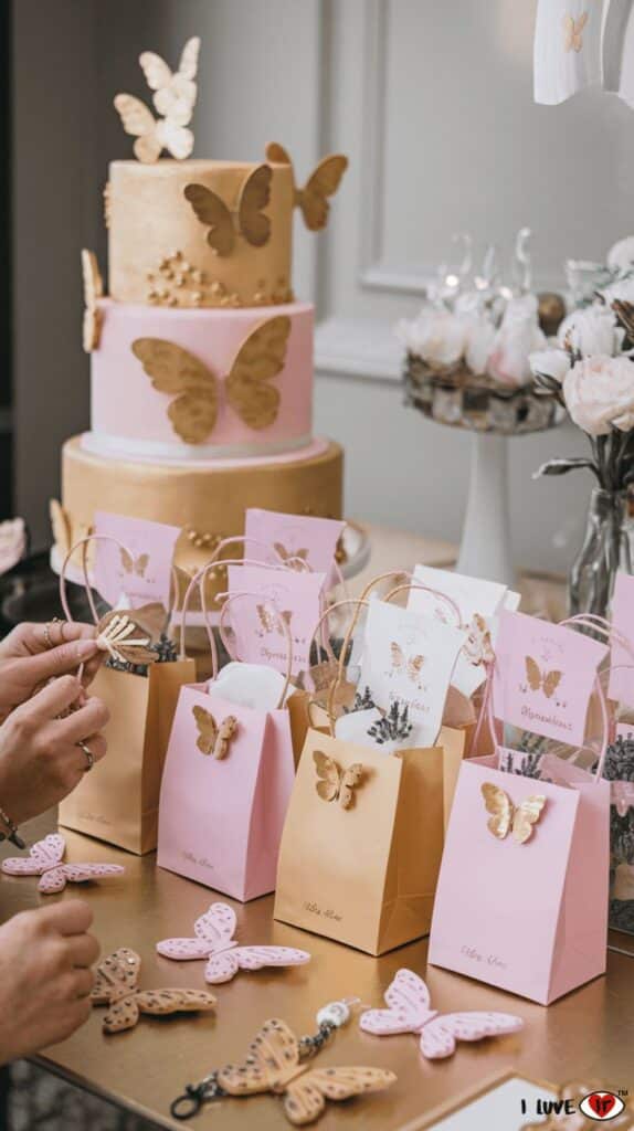 Butterfly-themed birthday party table with cake, gift bags, and decorations.