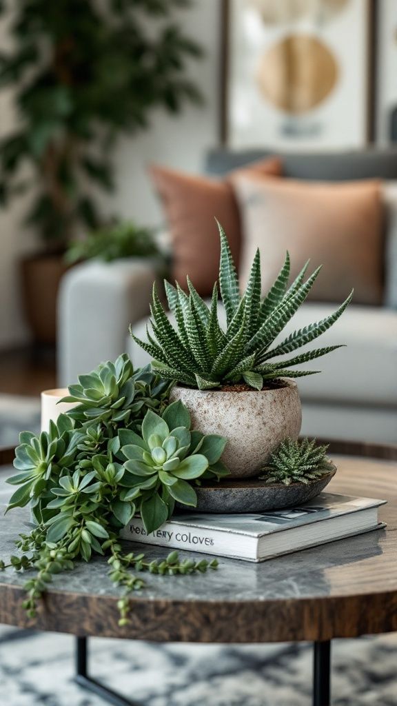 Succulent arrangement on a coffee table with modern decor and cozy living room background.