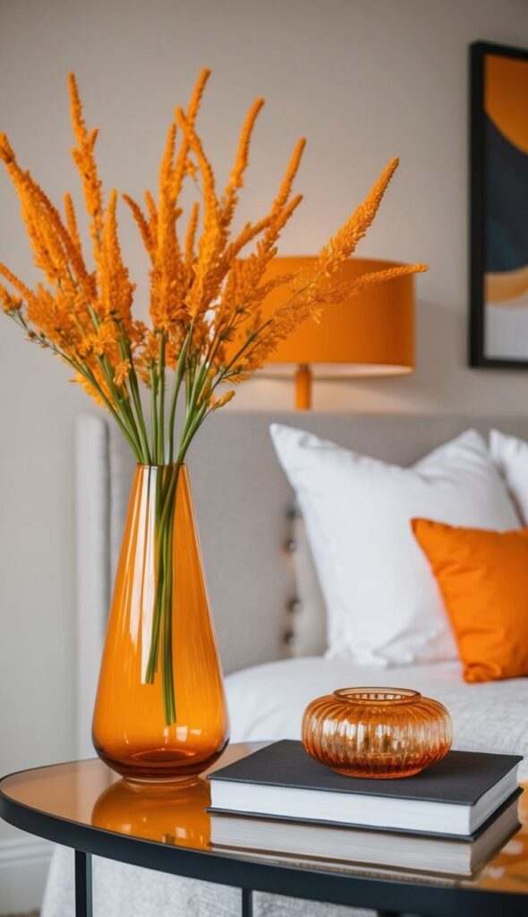 Modern bedroom with an orange floral vase, matching lamp, and accent pillow on a stylish bedside table.