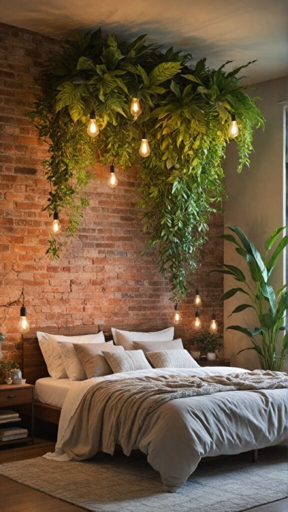 Cozy bedroom with hanging plants, exposed brick wall, and warm lighting for an inviting, natural ambiance.