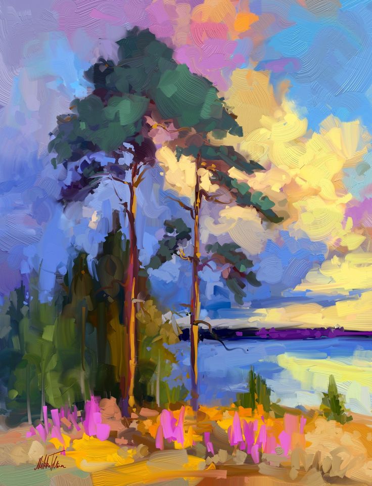 27265484593d42fa3c3703454f8ce112 Colorful landscape painting with tall trees, vivid skies, and purple flowers by the water. Vibrant impressionist style art. | Sky Rye Design Colorful landscape painting with tall trees, vivid skies, and purple flowers by the water. Vibrant impressionist style art.