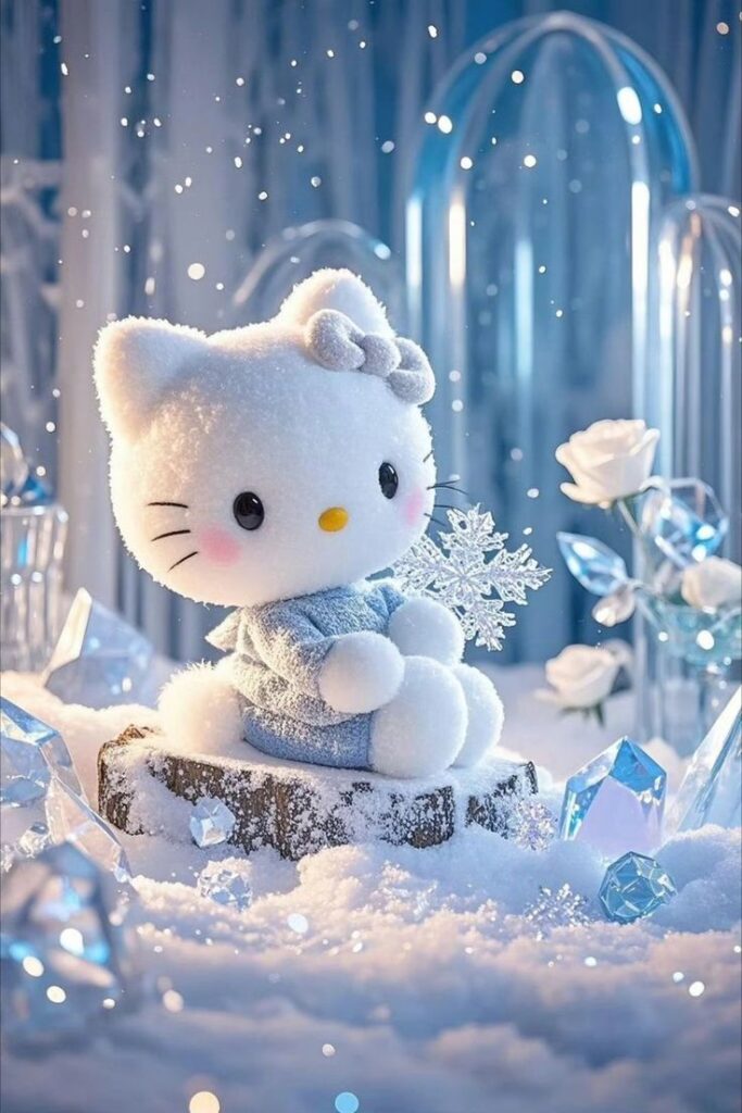 Cute plush cat wearing blue, sitting on snow with ice crystals and roses in a whimsical winter wonderland.