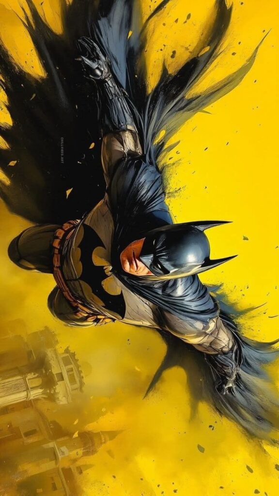 Comic superhero soaring through yellow sky with dynamic action pose. Batman Wallpapers