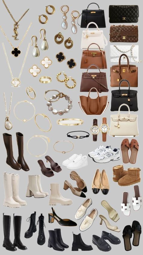 Collection of luxury accessories: handbags, jewelry, boots, and shoes on a gray background.