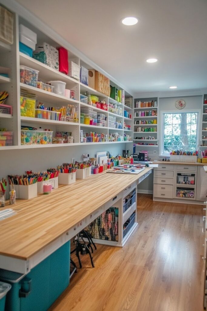 _ 28 Bright art studio with organized supplies on white shelves and wooden table, perfect for creative projects. | Sky Rye Design Bright art studio with organized supplies on white shelves and wooden table, perfect for creative projects. Hobby Room Design