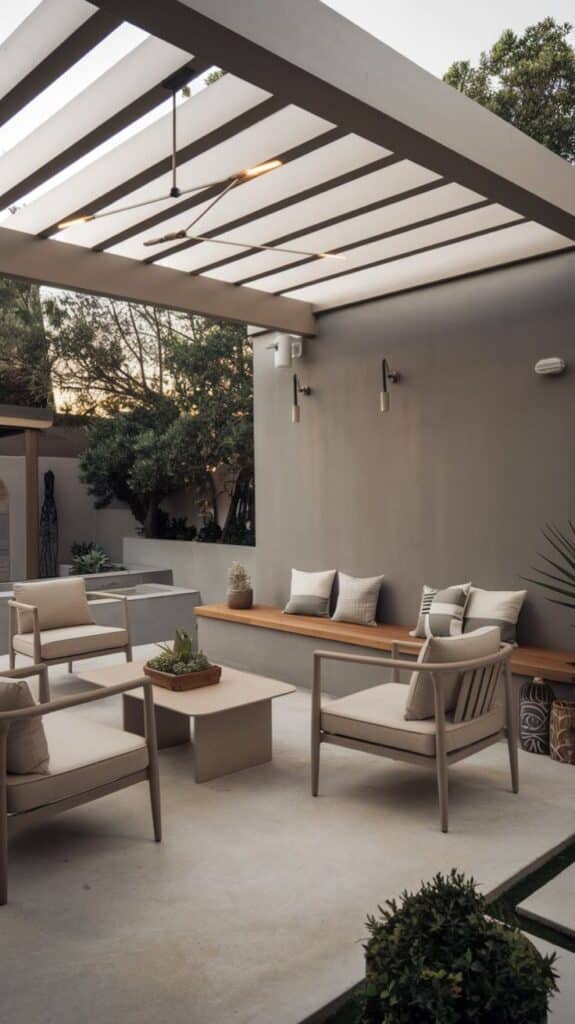 Modern outdoor patio with pergola, cozy seating, and garden view. Stylish decor and serene atmosphere for relaxation.